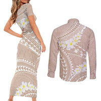 Polynesian Vintage Floral Couples Matching Short Sleeve Bodycon Dress and Long Sleeve Button Shirt Beige Motifs LT7 - Polynesian Pride