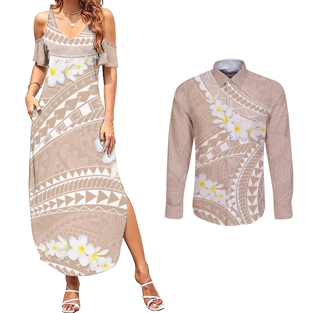 Polynesian Vintage Floral Couples Matching Summer Maxi Dress and Long Sleeve Button Shirt Beige Motifs LT7 Beige - Polynesian Pride