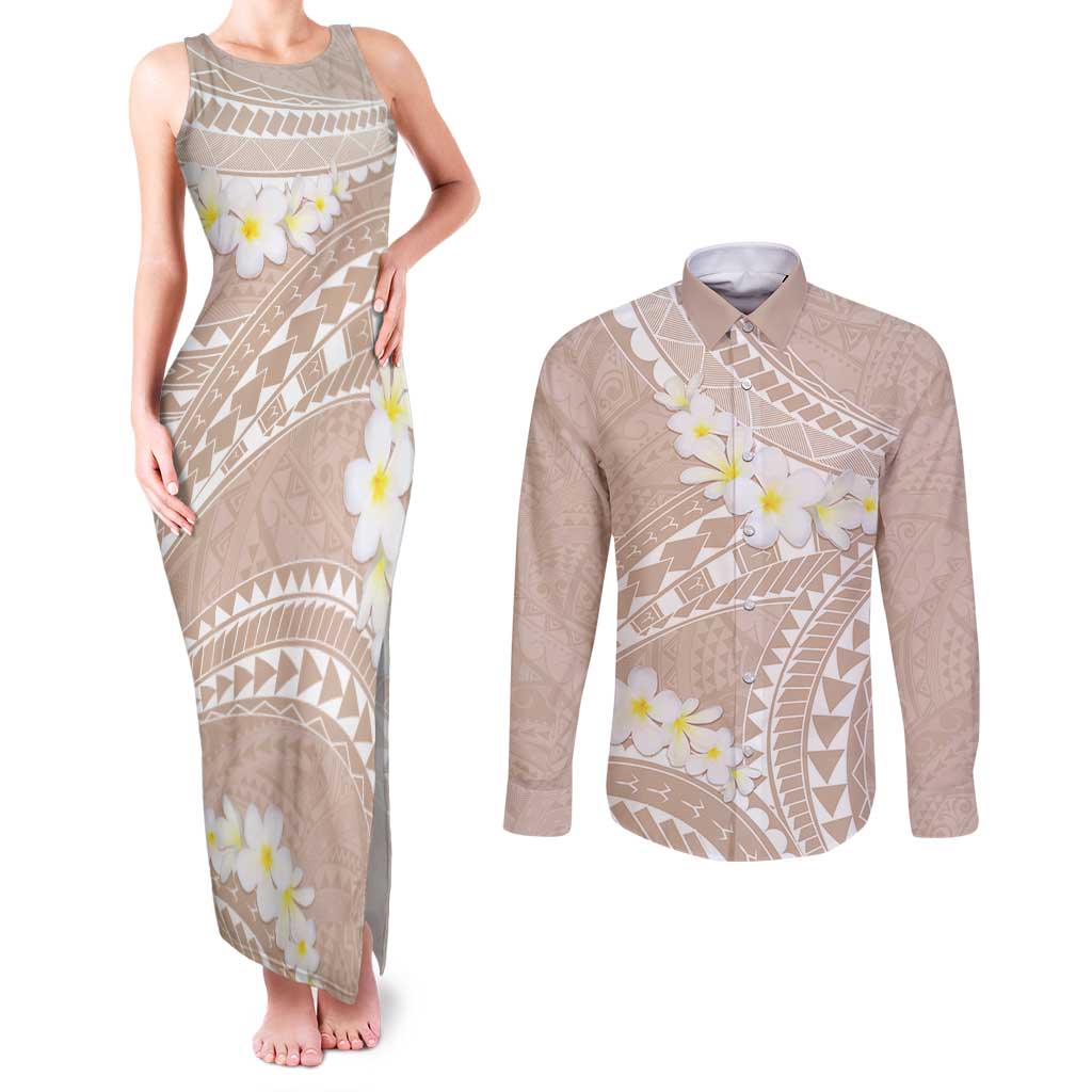 Polynesian Vintage Floral Couples Matching Tank Maxi Dress and Long Sleeve Button Shirt Beige Motifs LT7 Beige - Polynesian Pride