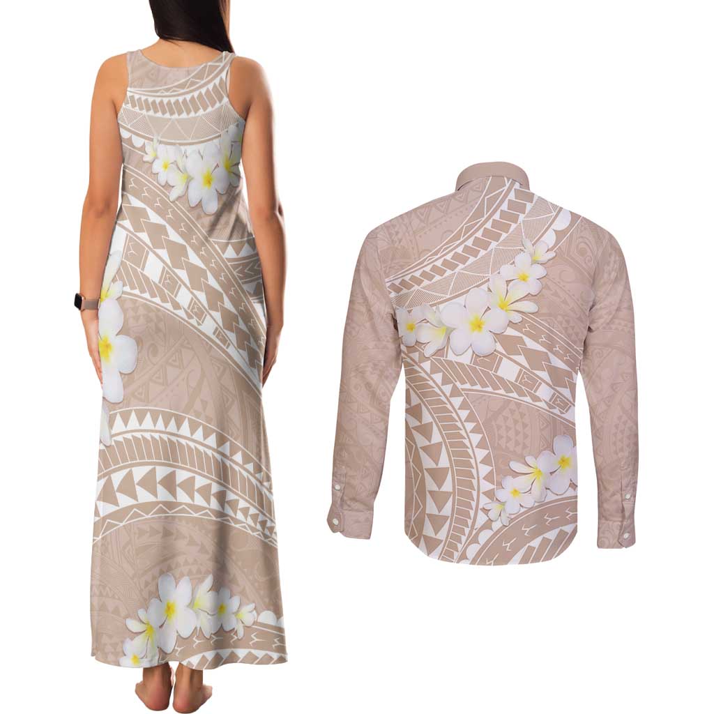 Polynesian Vintage Floral Couples Matching Tank Maxi Dress and Long Sleeve Button Shirt Beige Motifs LT7 - Polynesian Pride
