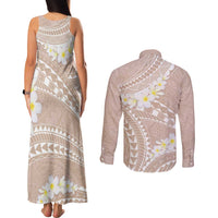 Polynesian Vintage Floral Couples Matching Tank Maxi Dress and Long Sleeve Button Shirt Beige Motifs LT7 - Polynesian Pride