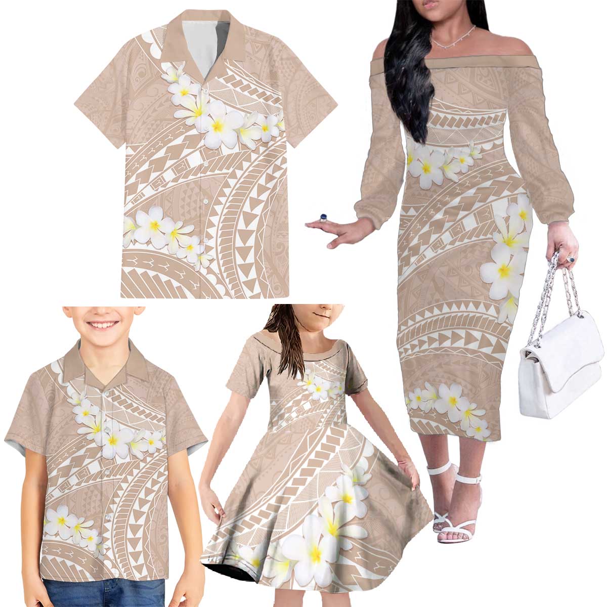 Polynesian Vintage Floral Family Matching Off The Shoulder Long Sleeve Dress and Hawaiian Shirt Beige Motifs LT7 - Polynesian Pride