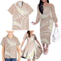 Polynesian Vintage Floral Family Matching Off The Shoulder Long Sleeve Dress and Hawaiian Shirt Beige Motifs LT7 - Polynesian Pride
