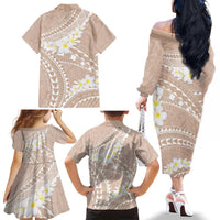 Polynesian Vintage Floral Family Matching Off The Shoulder Long Sleeve Dress and Hawaiian Shirt Beige Motifs LT7 - Polynesian Pride
