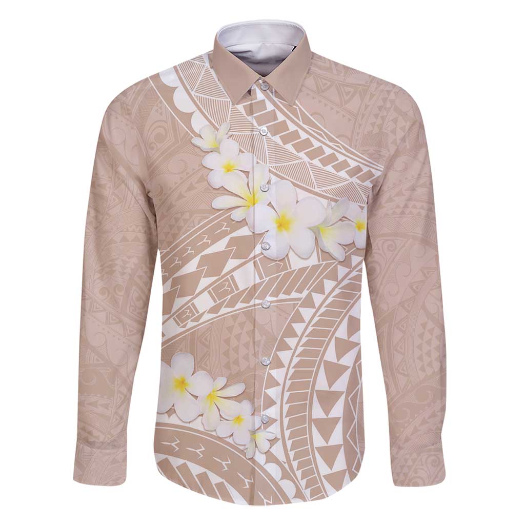 Polynesian Vintage Floral Family Matching Off Shoulder Maxi Dress and Hawaiian Shirt Beige Motifs LT7 Dad's Shirt - Long Sleeve Beige - Polynesian Pride