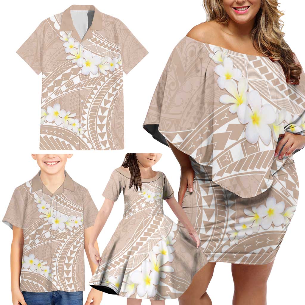 Polynesian Vintage Floral Family Matching Off Shoulder Short Dress and Hawaiian Shirt Beige Motifs LT7 - Polynesian Pride