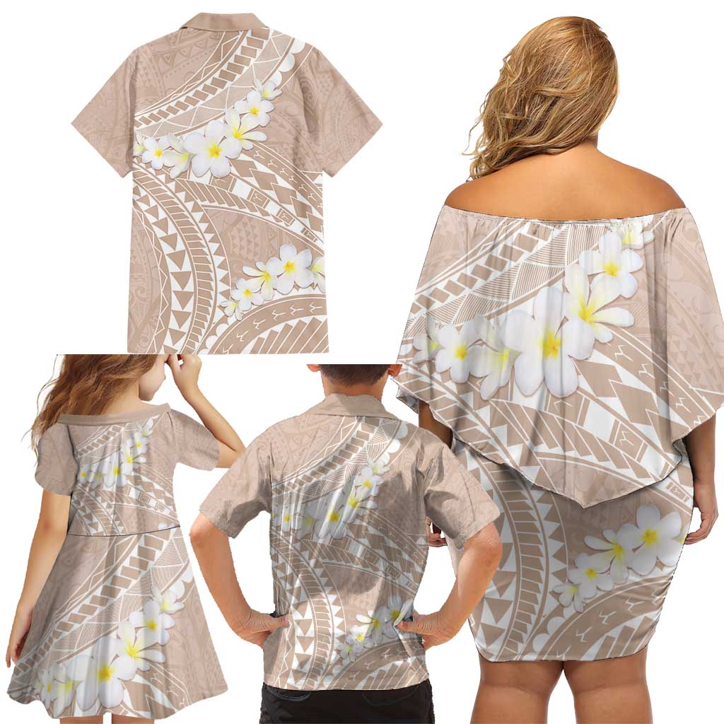 Polynesian Vintage Floral Family Matching Off Shoulder Short Dress and Hawaiian Shirt Beige Motifs LT7 - Polynesian Pride