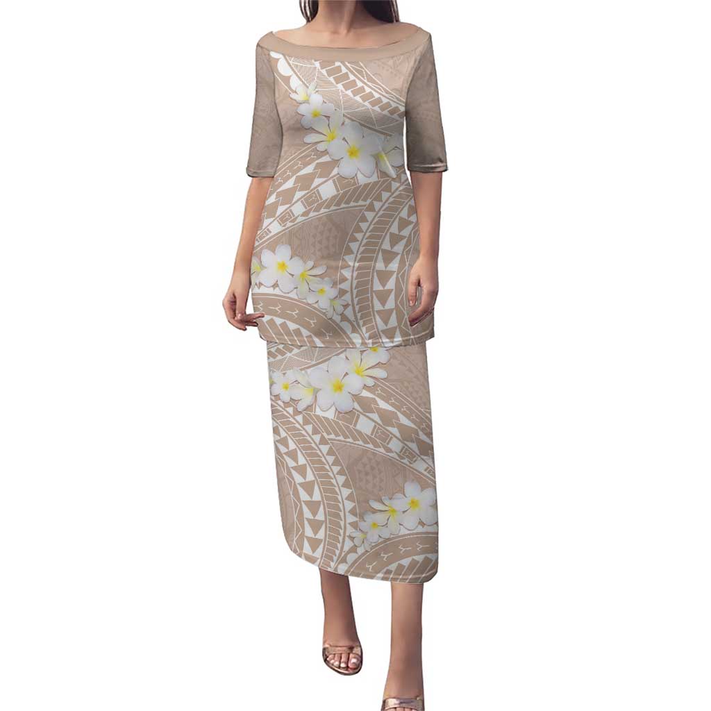 Polynesian Vintage Floral Puletasi Beige Motifs LT7 Long Dress Beige - Polynesian Pride