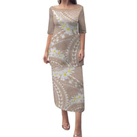Polynesian Vintage Floral Puletasi Beige Motifs LT7 Long Dress Beige - Polynesian Pride