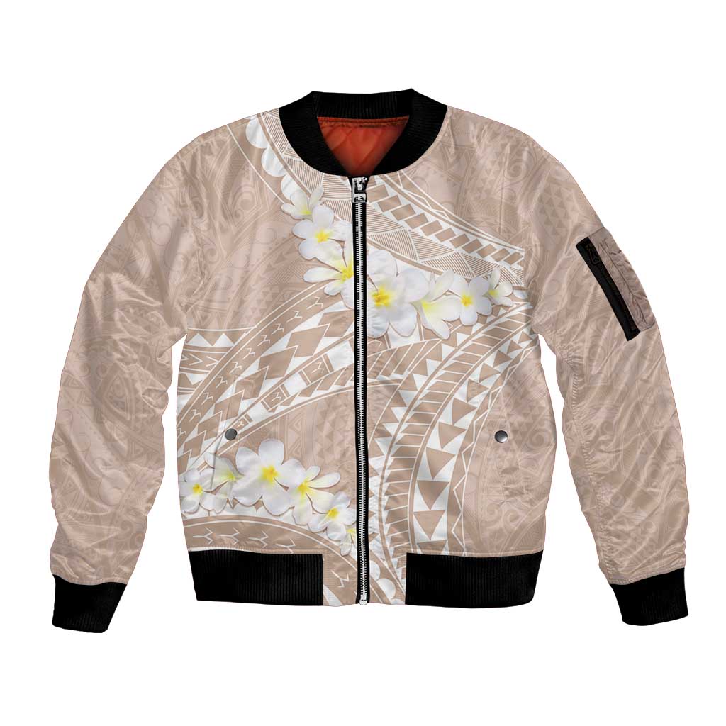 Polynesian Vintage Floral Sleeve Zip Bomber Jacket Beige Motifs LT7 Unisex Beige - Polynesian Pride