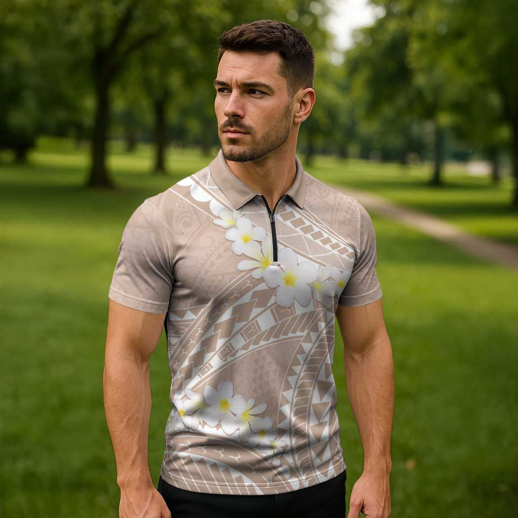 Polynesian Vintage Floral Zipper Polo Shirt Beige Motifs - Polynesian Pride