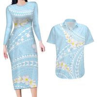 Polynesian Vintage Floral Couples Matching Long Sleeve Bodycon Dress and Hawaiian Shirt Azure Motifs LT7 Azure - Polynesian Pride