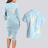 Polynesian Vintage Floral Couples Matching Long Sleeve Bodycon Dress and Hawaiian Shirt Azure Motifs LT7 - Polynesian Pride