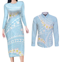 Polynesian Vintage Floral Couples Matching Long Sleeve Bodycon Dress and Long Sleeve Button Shirt Azure Motifs LT7 Azure - Polynesian Pride