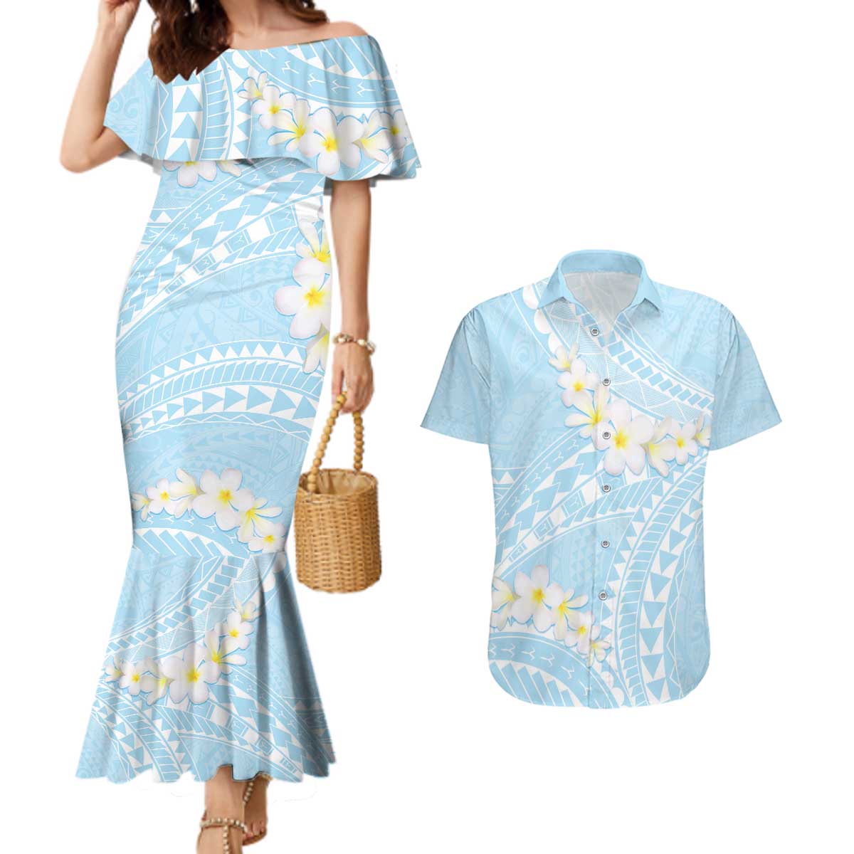 Polynesian Vintage Floral Couples Matching Mermaid Dress and Hawaiian Shirt Azure Motifs LT7 Azure - Polynesian Pride