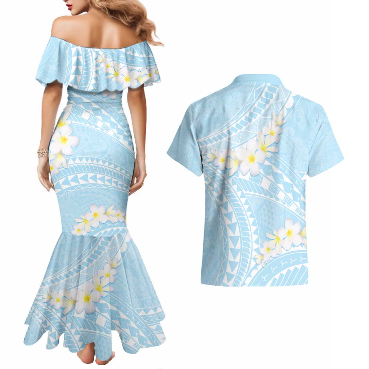Polynesian Vintage Floral Couples Matching Mermaid Dress and Hawaiian Shirt Azure Motifs LT7 - Polynesian Pride
