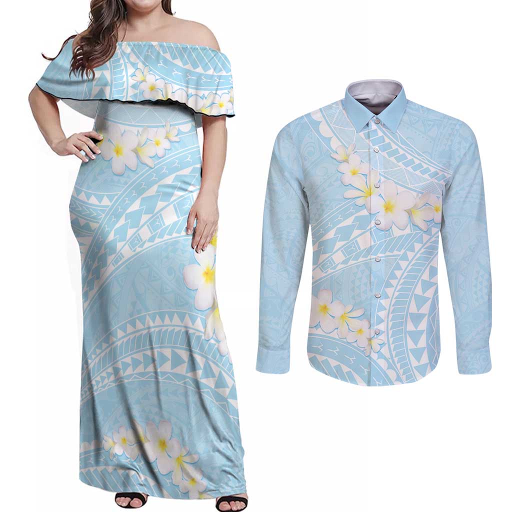 Polynesian Vintage Floral Couples Matching Off Shoulder Maxi Dress and Long Sleeve Button Shirt Azure Motifs LT7 Azure - Polynesian Pride