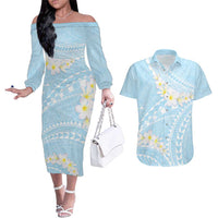 Polynesian Vintage Floral Couples Matching Off The Shoulder Long Sleeve Dress and Hawaiian Shirt Azure Motifs LT7 Azure - Polynesian Pride