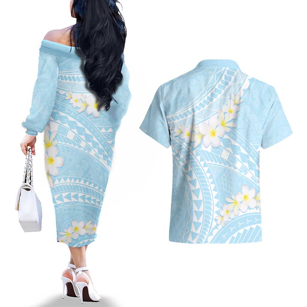 Polynesian Vintage Floral Couples Matching Off The Shoulder Long Sleeve Dress and Hawaiian Shirt Azure Motifs LT7 - Polynesian Pride
