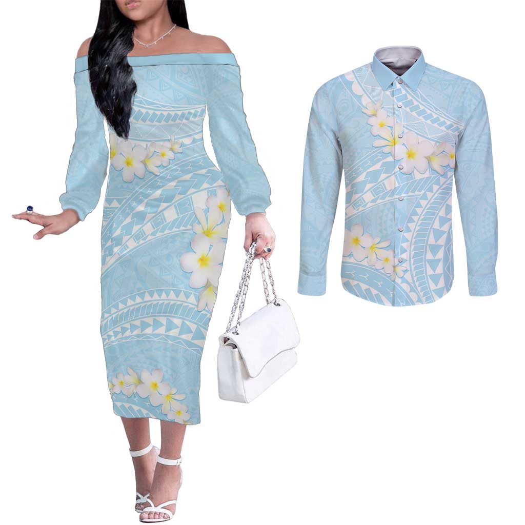 Polynesian Vintage Floral Couples Matching Off The Shoulder Long Sleeve Dress and Long Sleeve Button Shirt Azure Motifs LT7 Azure - Polynesian Pride