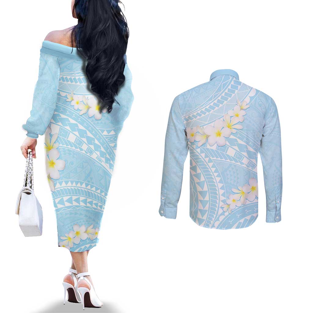 Polynesian Vintage Floral Couples Matching Off The Shoulder Long Sleeve Dress and Long Sleeve Button Shirt Azure Motifs LT7 - Polynesian Pride