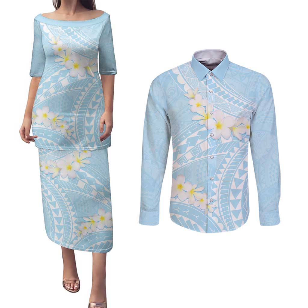 Polynesian Vintage Floral Couples Matching Puletasi and Long Sleeve Button Shirt Azure Motifs LT7 Azure - Polynesian Pride