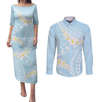 Polynesian Vintage Floral Couples Matching Puletasi and Long Sleeve Button Shirt Azure Motifs - Polynesian Pride