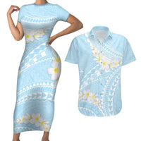Polynesian Vintage Floral Couples Matching Short Sleeve Bodycon Dress and Hawaiian Shirt Azure Motifs LT7 Azure - Polynesian Pride