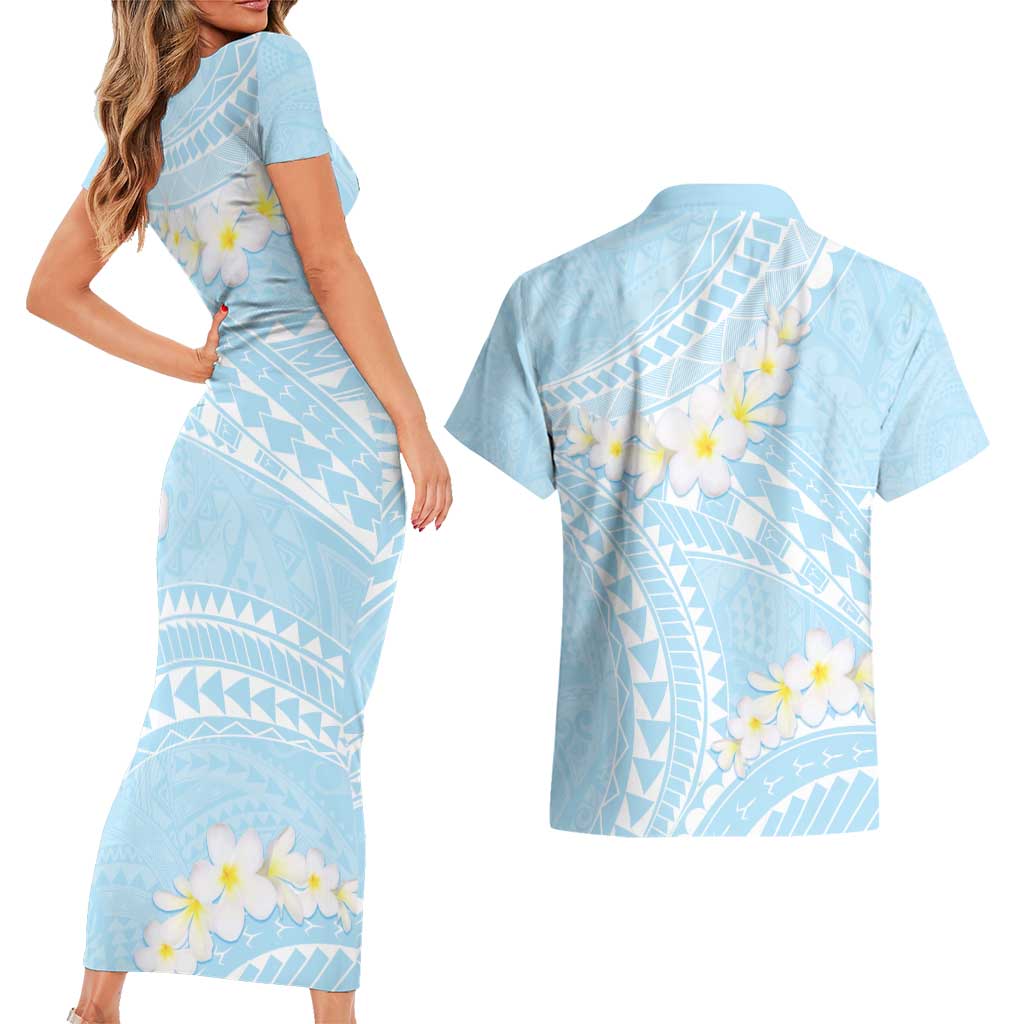Polynesian Vintage Floral Couples Matching Short Sleeve Bodycon Dress and Hawaiian Shirt Azure Motifs LT7 - Polynesian Pride