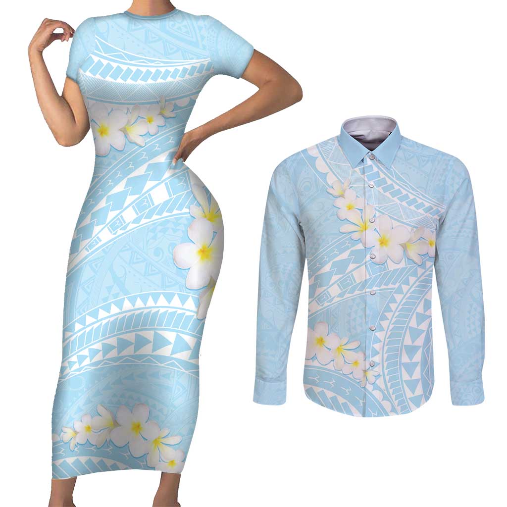Polynesian Vintage Floral Couples Matching Short Sleeve Bodycon Dress and Long Sleeve Button Shirt Azure Motifs LT7 Azure - Polynesian Pride