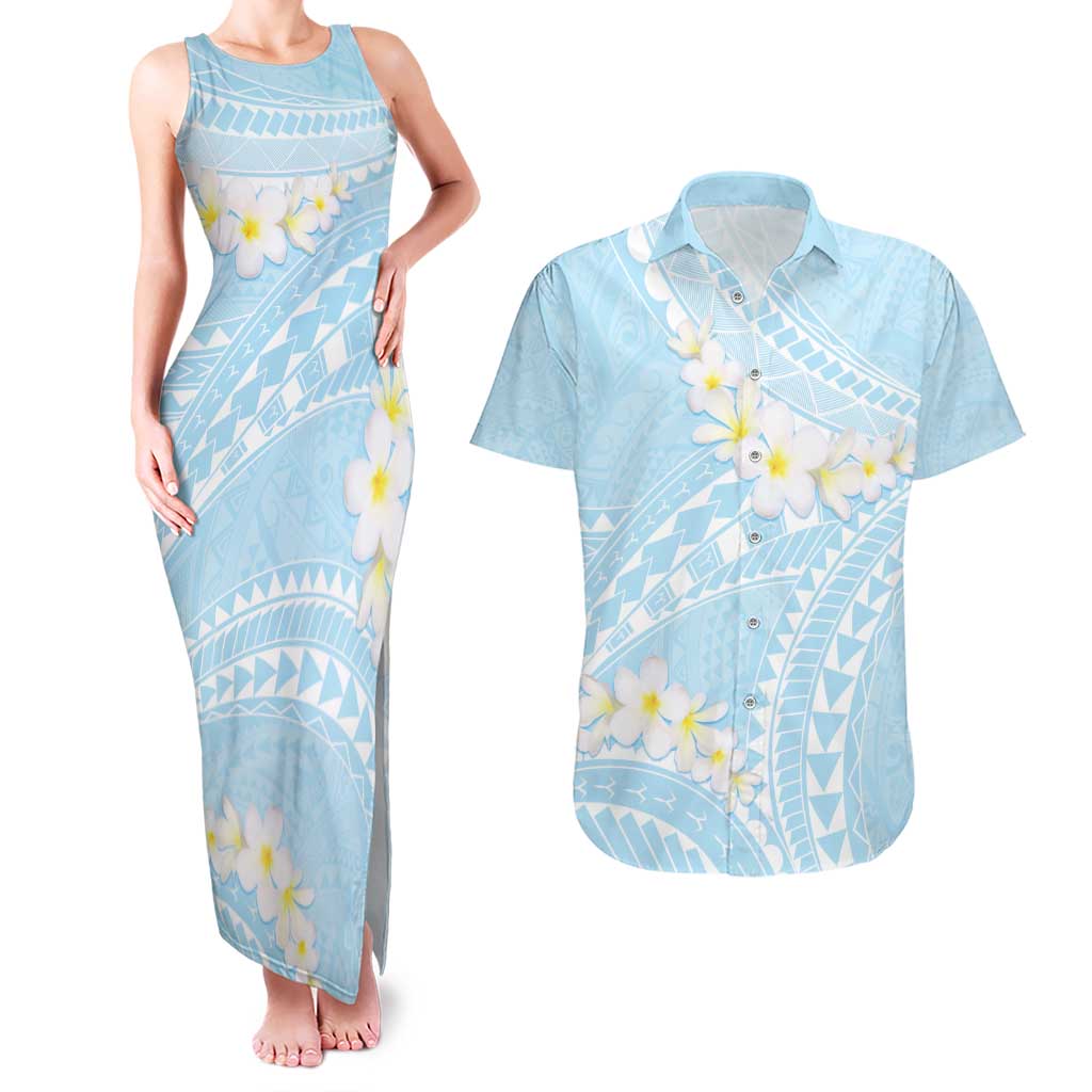 Polynesian Vintage Floral Couples Matching Tank Maxi Dress and Hawaiian Shirt Azure Motifs LT7 Azure - Polynesian Pride