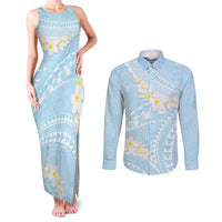 Polynesian Vintage Floral Couples Matching Tank Maxi Dress and Long Sleeve Button Shirt Azure Motifs LT7 Azure - Polynesian Pride