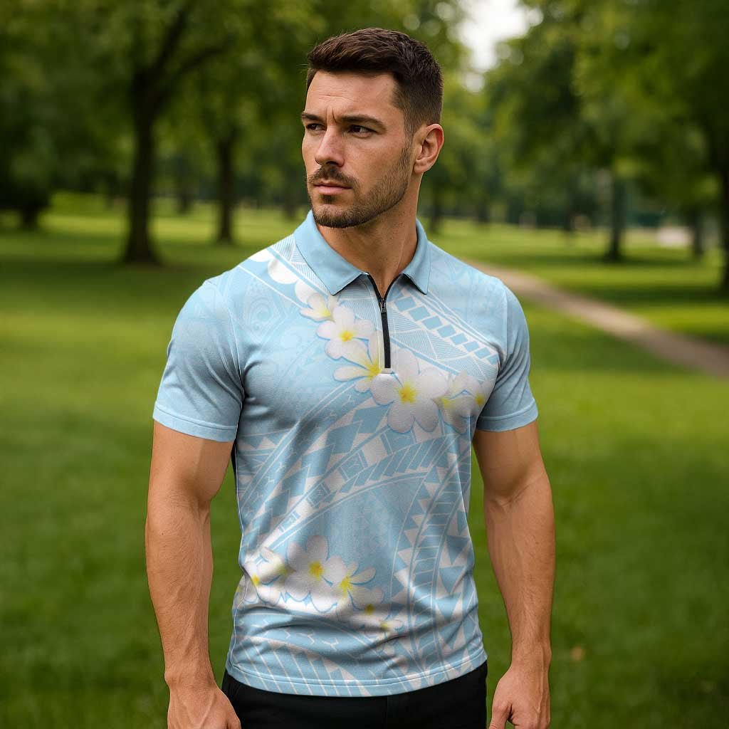 Polynesian Vintage Floral Zipper Polo Shirt Azure Motifs - Polynesian Pride