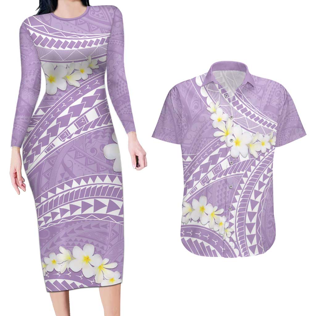Polynesian Vintage Floral Couples Matching Long Sleeve Bodycon Dress and Hawaiian Shirt Lavender Motifs LT7 Lavender - Polynesian Pride