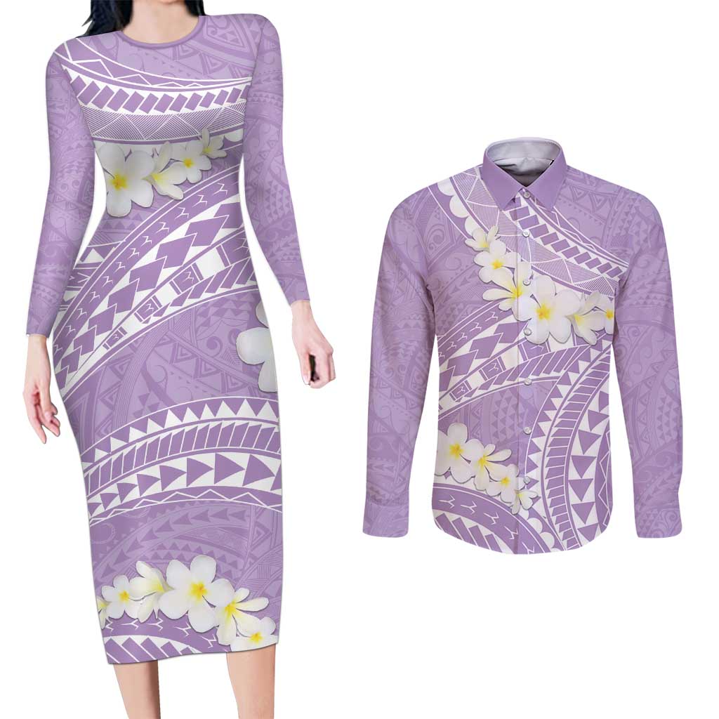 Polynesian Vintage Floral Couples Matching Long Sleeve Bodycon Dress and Long Sleeve Button Shirt Lavender Motifs LT7 Lavender - Polynesian Pride