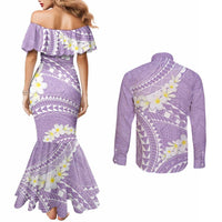 Polynesian Vintage Floral Couples Matching Mermaid Dress and Long Sleeve Button Shirt Lavender Motifs LT7 - Polynesian Pride