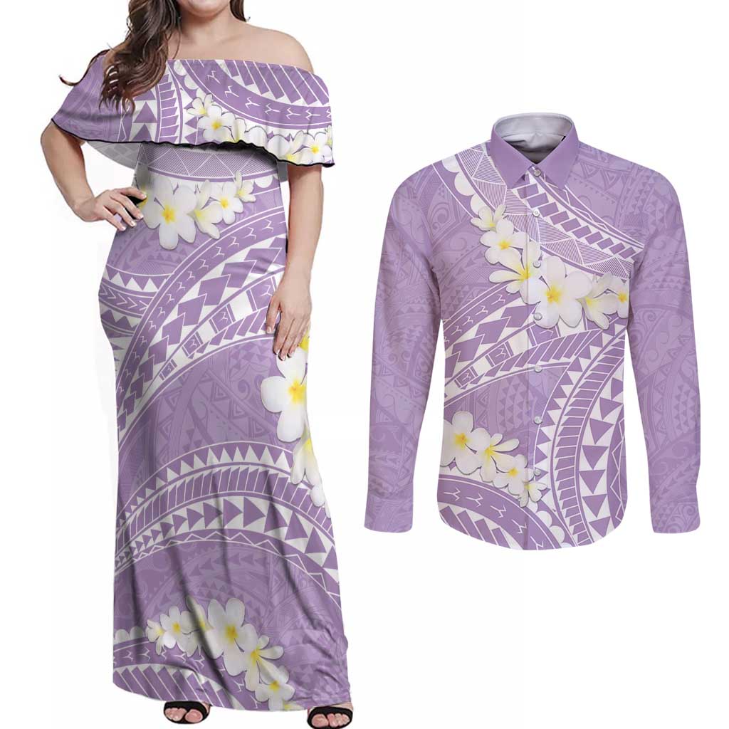 Polynesian Vintage Floral Couples Matching Off Shoulder Maxi Dress and Long Sleeve Button Shirt Lavender Motifs LT7 Lavender - Polynesian Pride