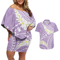 Polynesian Vintage Floral Couples Matching Off Shoulder Short Dress and Hawaiian Shirt Lavender Motifs LT7 Lavender - Polynesian Pride