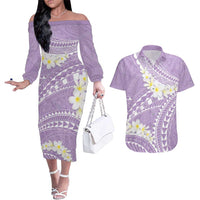 Polynesian Vintage Floral Couples Matching Off The Shoulder Long Sleeve Dress and Hawaiian Shirt Lavender Motifs LT7 Lavender - Polynesian Pride