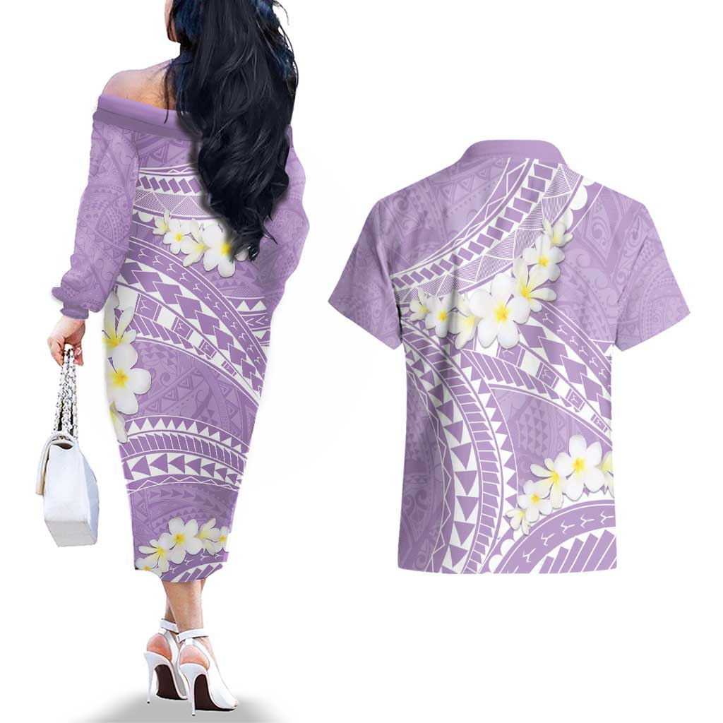 Polynesian Vintage Floral Couples Matching Off The Shoulder Long Sleeve Dress and Hawaiian Shirt Lavender Motifs LT7 - Polynesian Pride