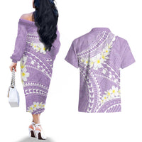 Polynesian Vintage Floral Couples Matching Off The Shoulder Long Sleeve Dress and Hawaiian Shirt Lavender Motifs LT7 - Polynesian Pride