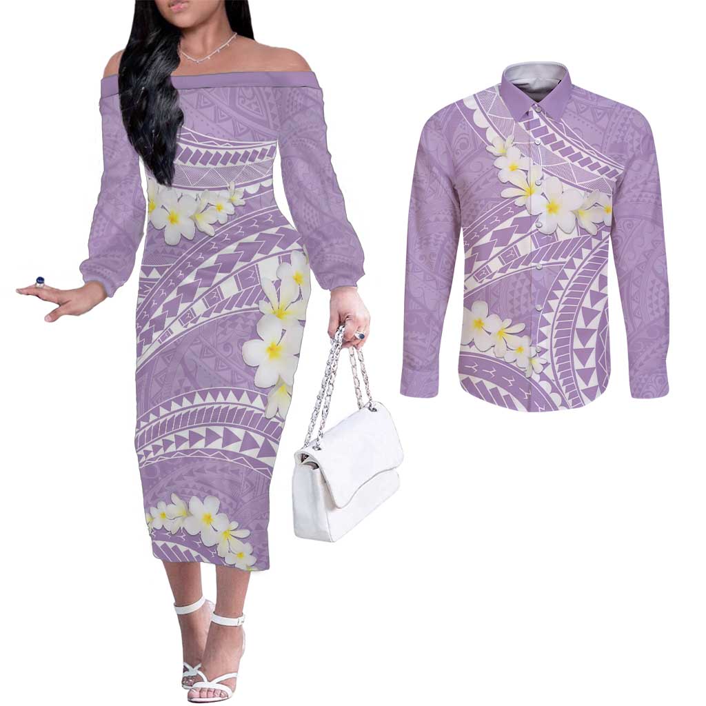 Polynesian Vintage Floral Couples Matching Off The Shoulder Long Sleeve Dress and Long Sleeve Button Shirt Lavender Motifs LT7 Lavender - Polynesian Pride
