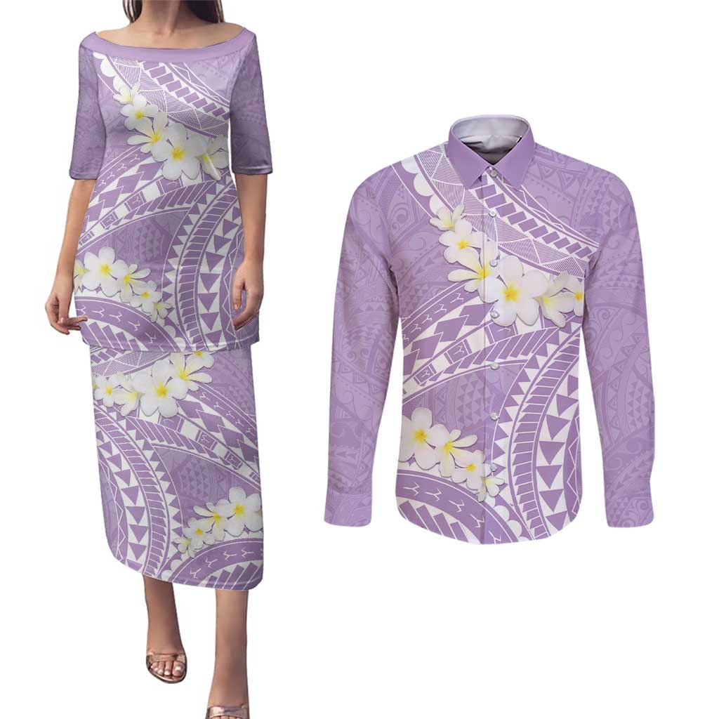 Polynesian Vintage Floral Couples Matching Puletasi and Long Sleeve Button Shirt Lavender Motifs LT7 Lavender - Polynesian Pride