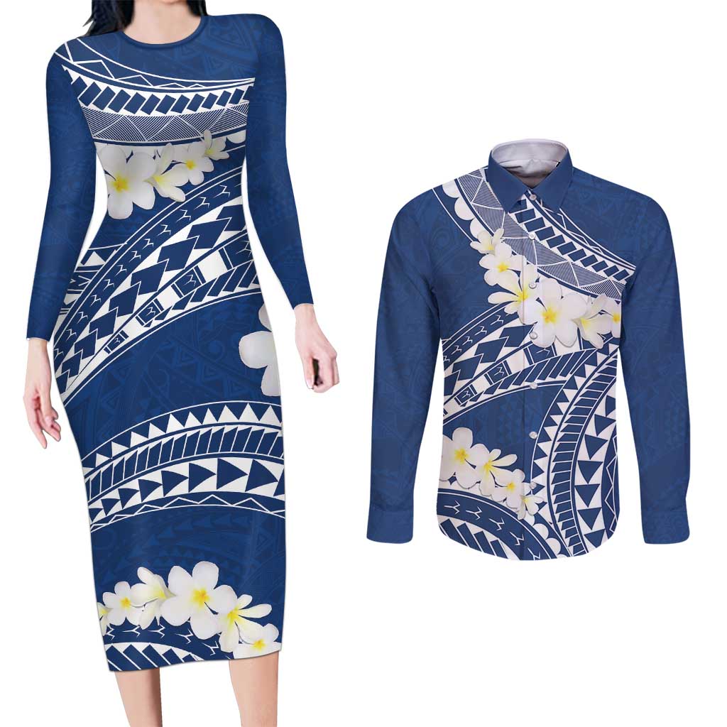Polynesian Vintage Floral Couples Matching Long Sleeve Bodycon Dress and Long Sleeve Button Shirt Navy Blue Motifs LT7 Navy Blue - Polynesian Pride