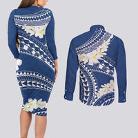 Polynesian Vintage Floral Couples Matching Long Sleeve Bodycon Dress and Long Sleeve Button Shirt Navy Blue Motifs LT7 - Polynesian Pride