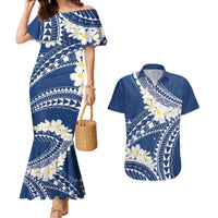Polynesian Vintage Floral Couples Matching Mermaid Dress and Hawaiian Shirt Navy Blue Motifs LT7 Navy Blue - Polynesian Pride