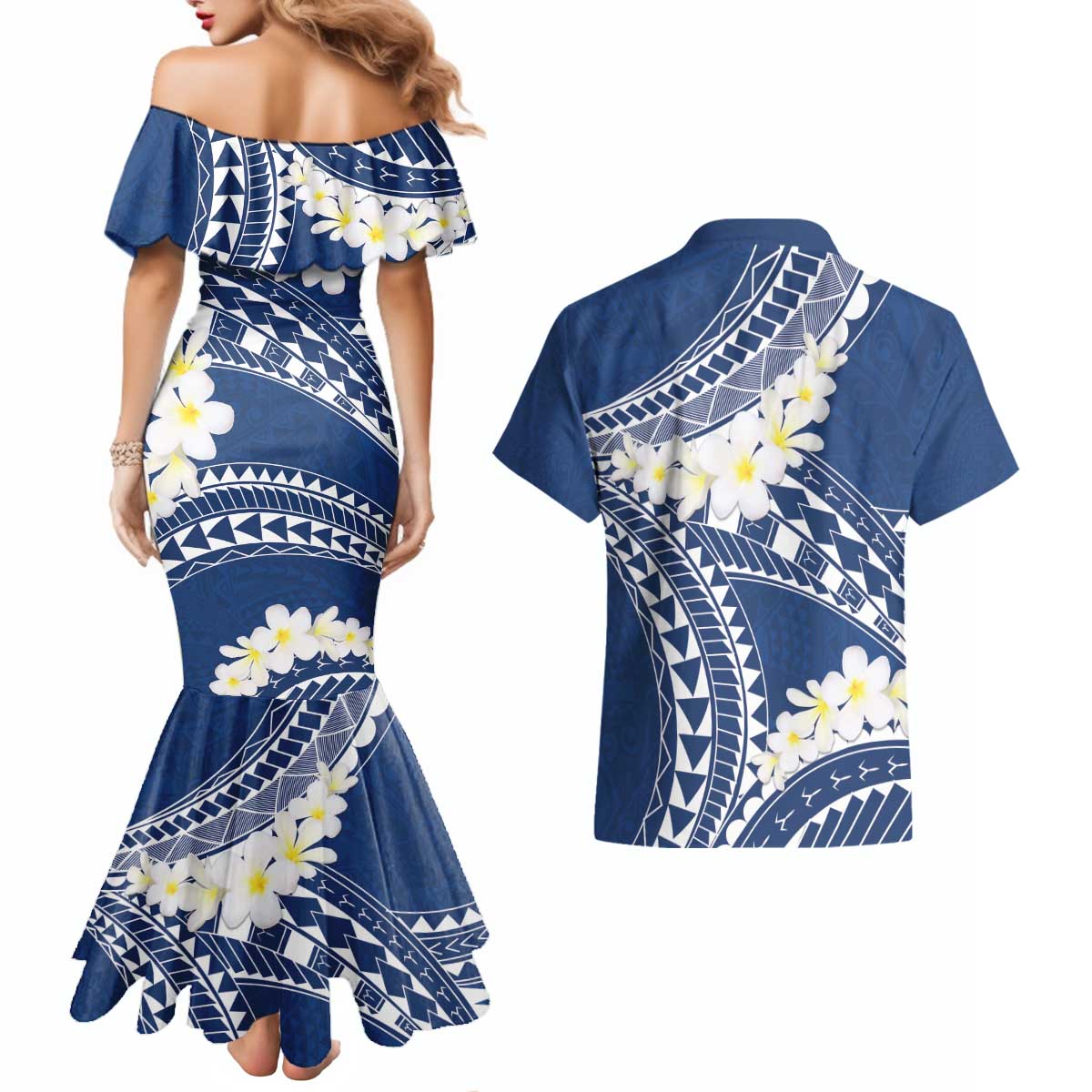 Polynesian Vintage Floral Couples Matching Mermaid Dress and Hawaiian Shirt Navy Blue Motifs LT7 - Polynesian Pride