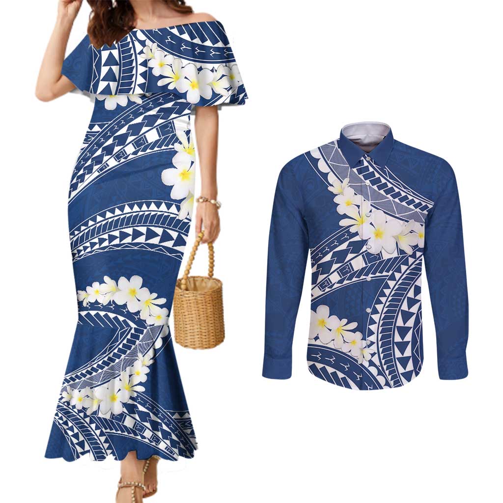 Polynesian Vintage Floral Couples Matching Mermaid Dress and Long Sleeve Button Shirt Navy Blue Motifs LT7 Navy Blue - Polynesian Pride
