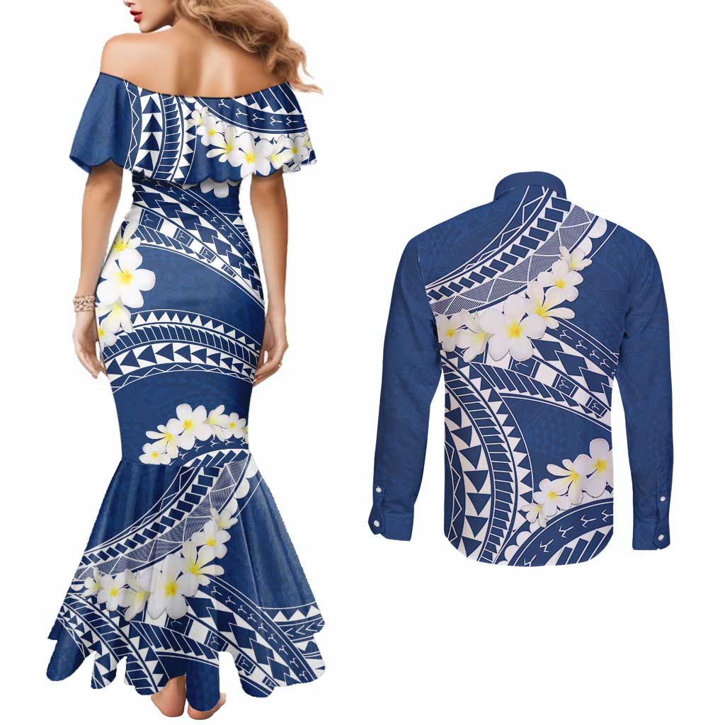 Polynesian Vintage Floral Couples Matching Mermaid Dress and Long Sleeve Button Shirt Navy Blue Motifs LT7 - Polynesian Pride