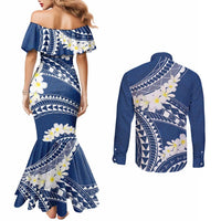 Polynesian Vintage Floral Couples Matching Mermaid Dress and Long Sleeve Button Shirt Navy Blue Motifs LT7 - Polynesian Pride